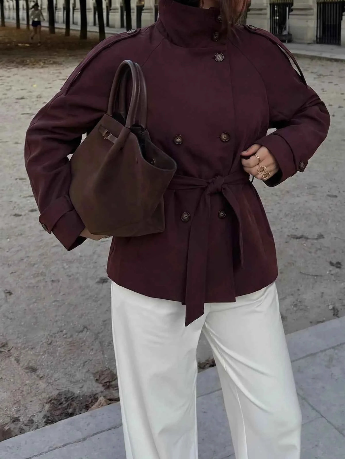 Women's Elegant Burgundy Windbreaker Trench Coat