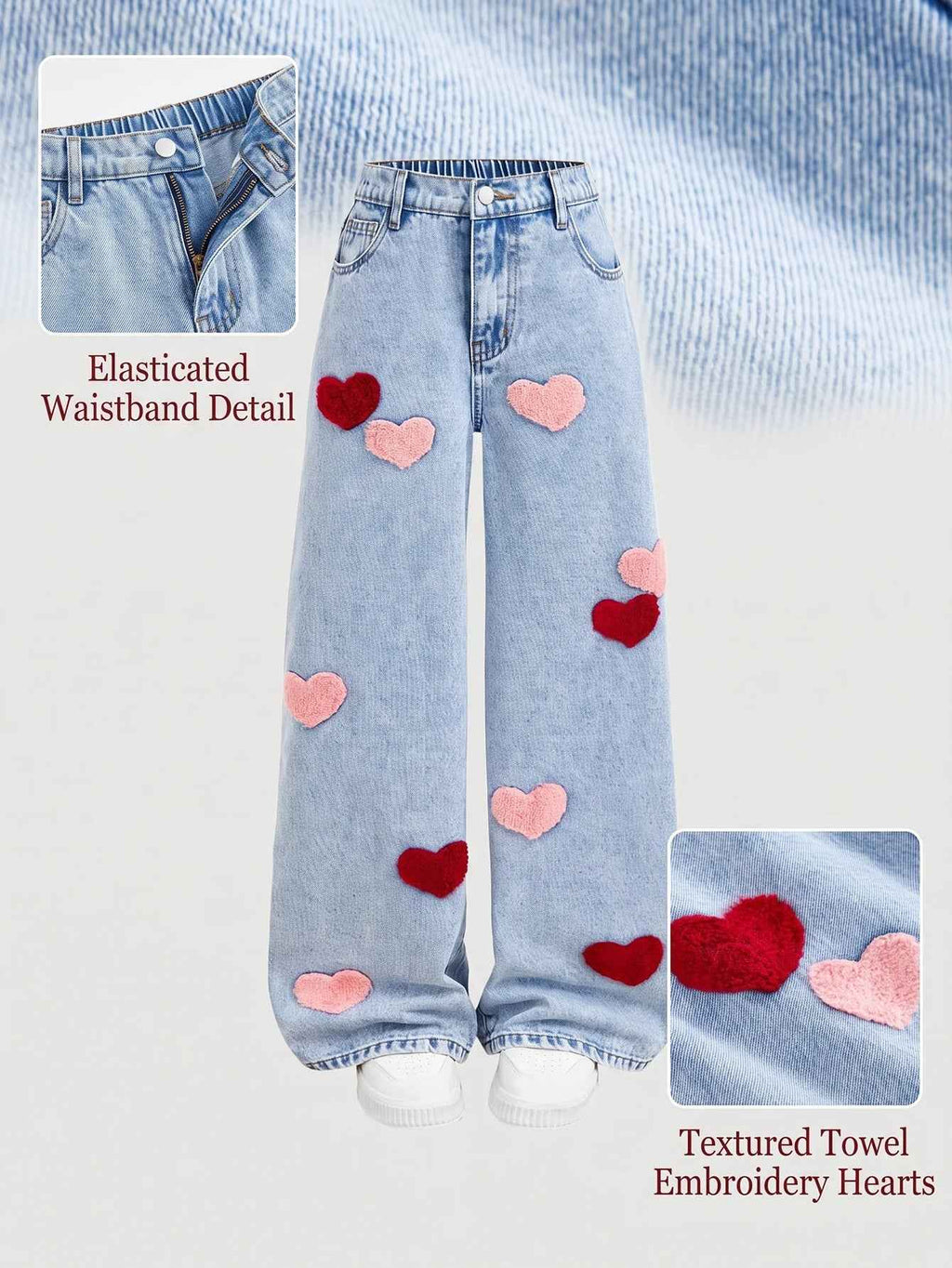 Girl Fashion Distressed Embroidered Wide Leg Jeans