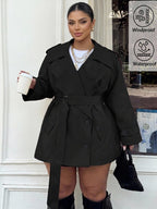 Plus Size Women Solid Color Lapel Double-Breasted Trench Coat - Black