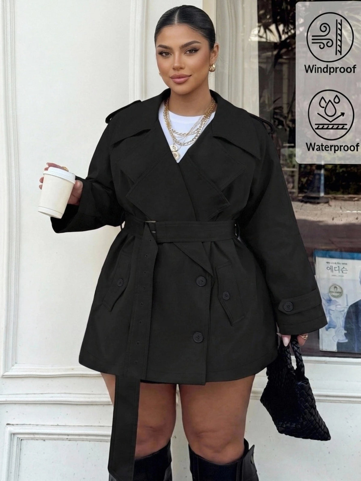 Plus Size Women Solid Color Lapel Double-Breasted Trench Coat