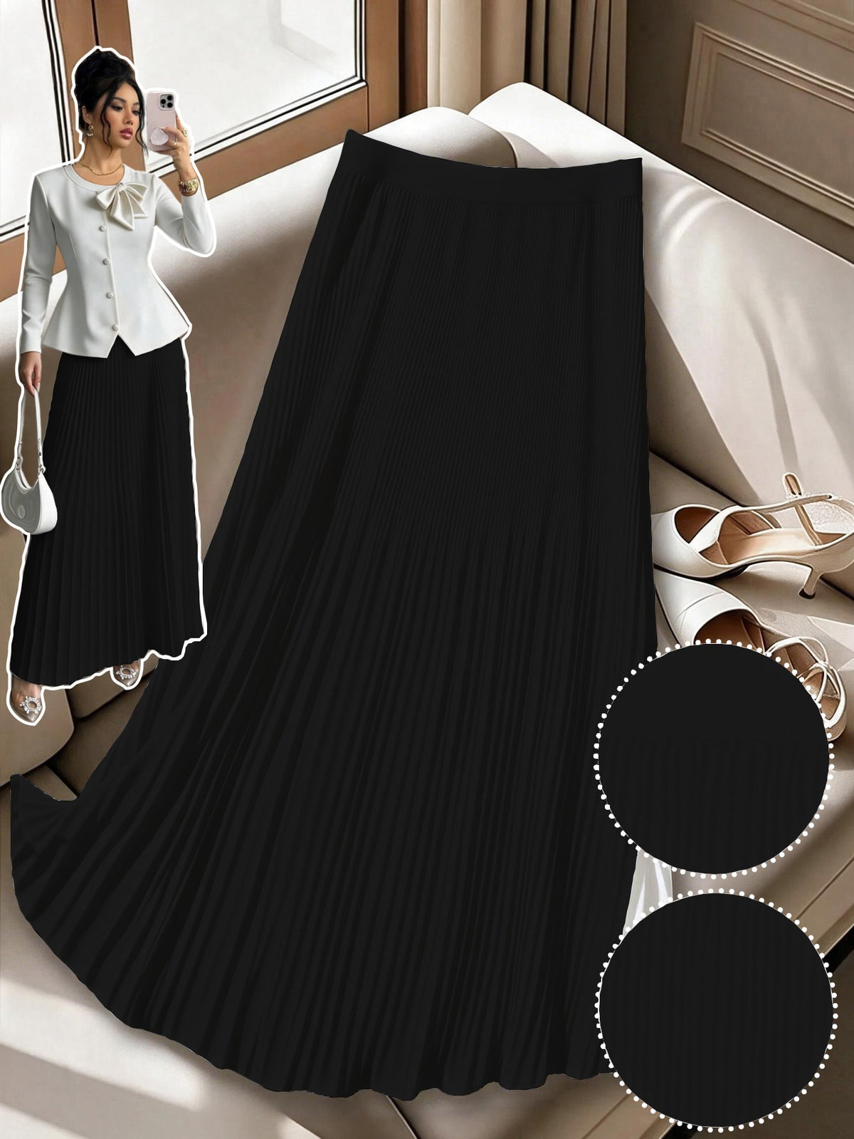 Plus Size Women's Pleated Long Casual Skirt - Black
