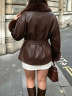 Women's Plus Size Faux Fur Collar Tie Waist Leather Jacket