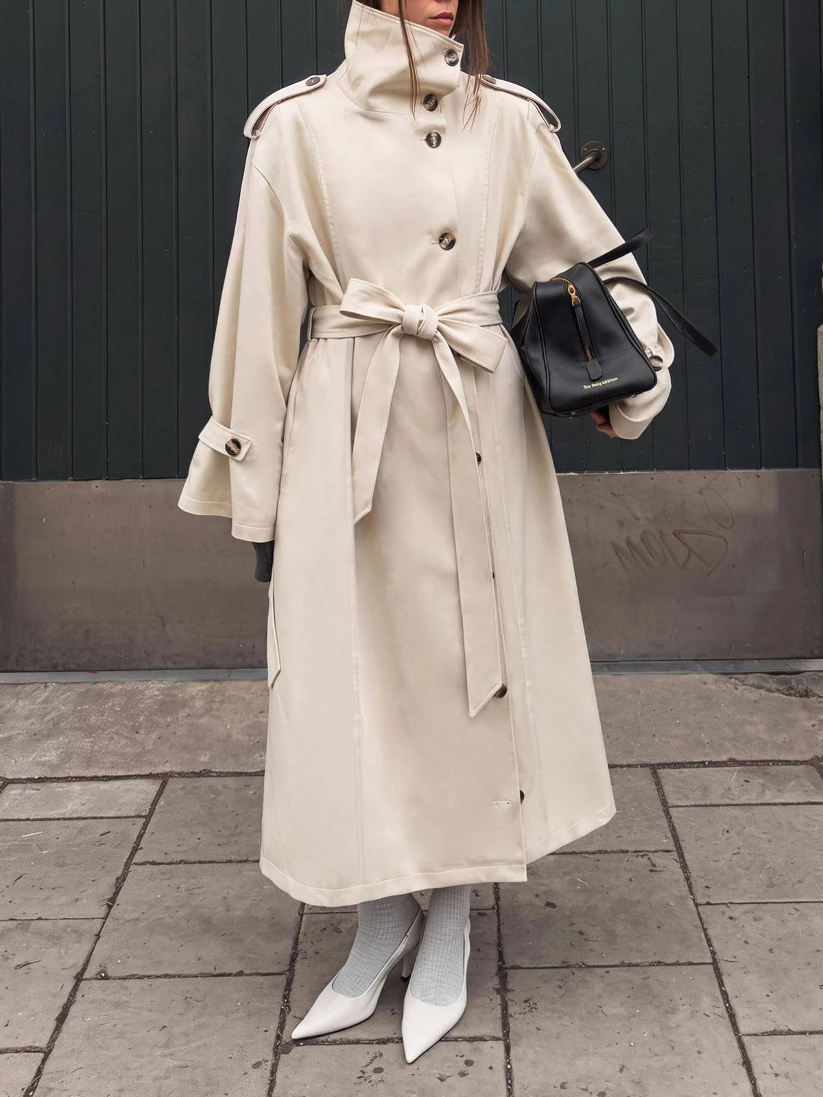 Beige High-Neck Belted Trench Coat