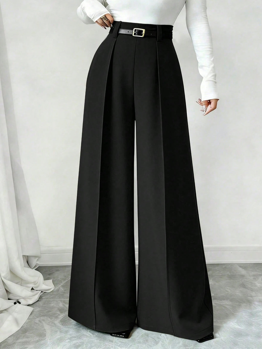 Women's Black High Waist Pleated Wide Leg Suit Pants - Black