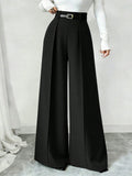 Women's Black High Waist Pleated Wide Leg Suit Pants - Black