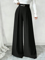 Women's Black High Waist Pleated Wide Leg Suit Pants - Black