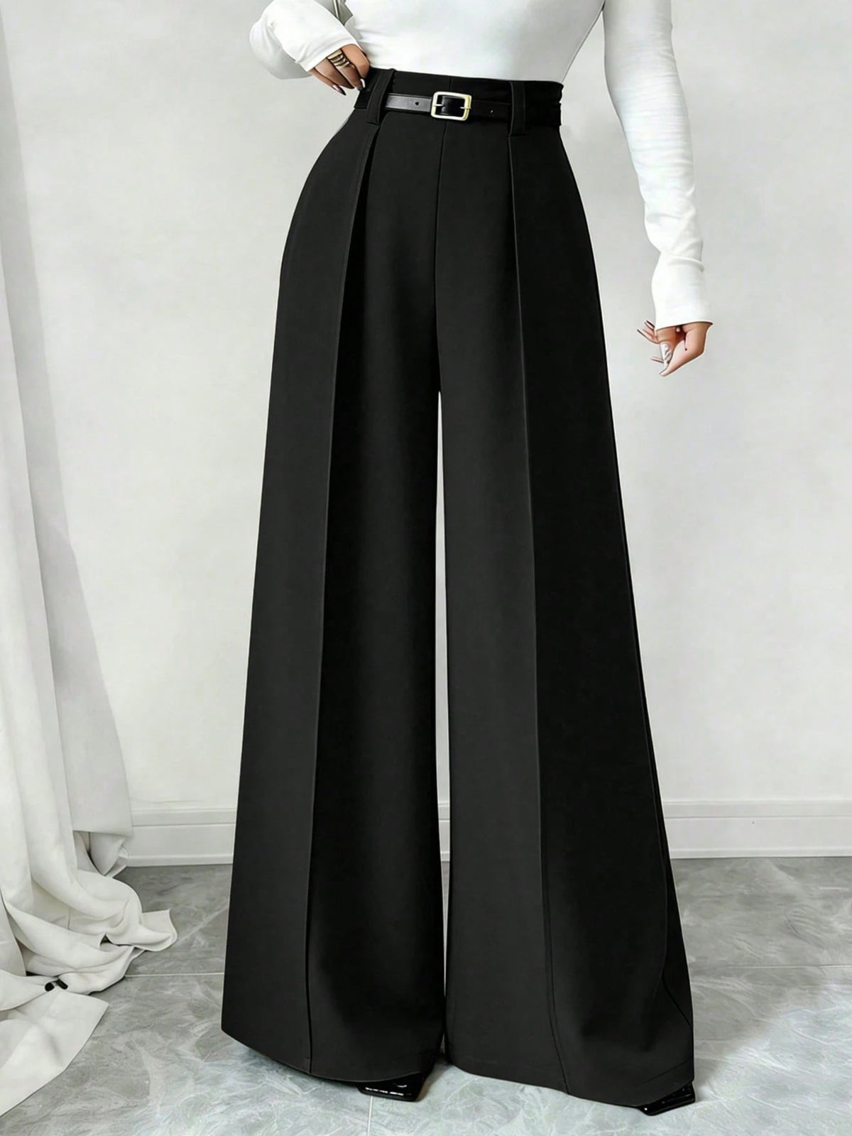 Women's Black High Waist Pleated Wide Leg Suit Pants - Black