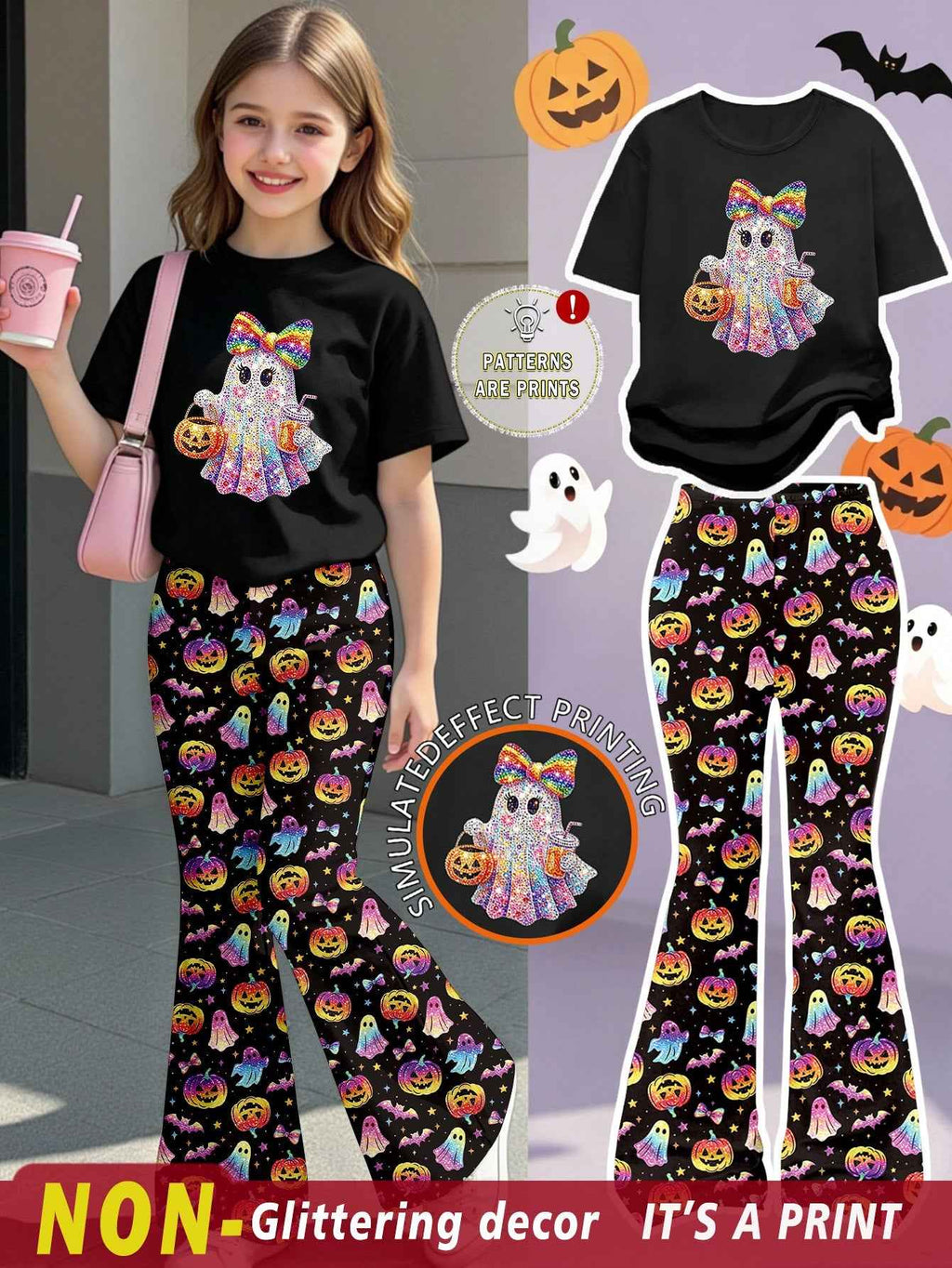Girl Leopard Print Bow Graphic T-Shirt And Flare Pants Set