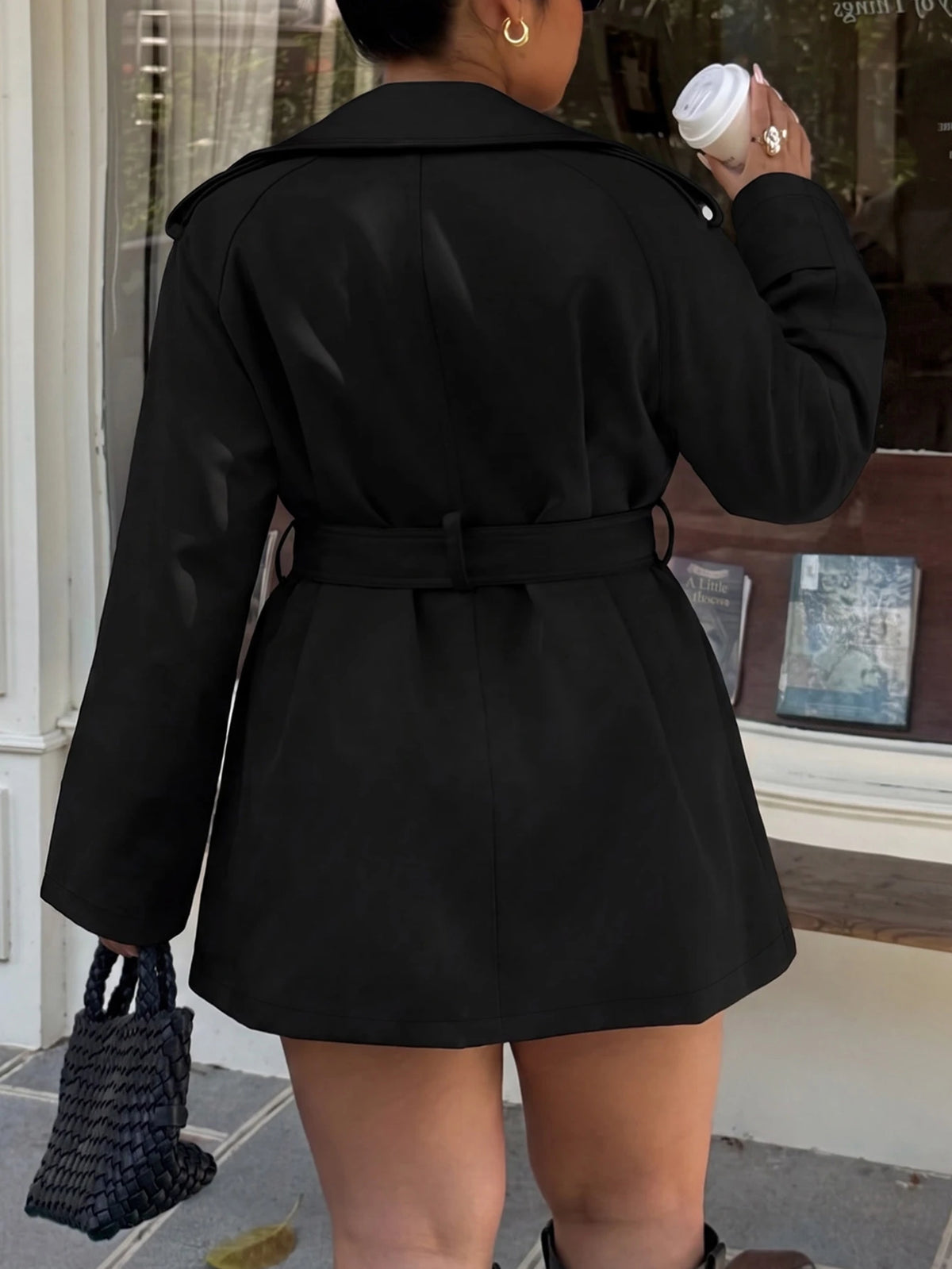 Plus Size Women Solid Color Lapel Double-Breasted Trench Coat