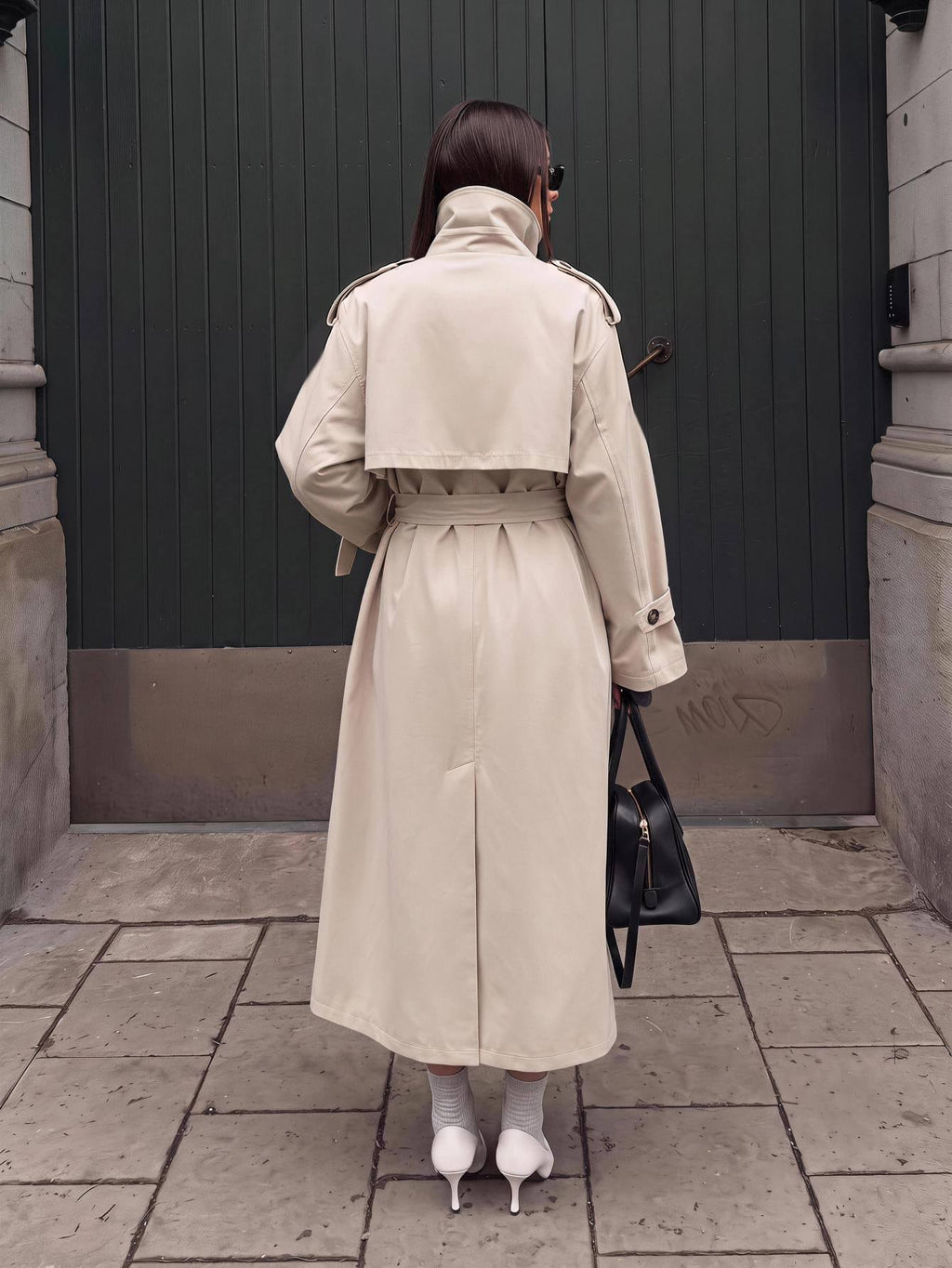Beige High-Neck Belted Trench Coat