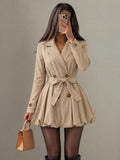 Women Lapel Double Breasted Short Trench Coat - Brown