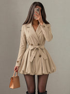 Women Lapel Double Breasted Short Trench Coat - Brown