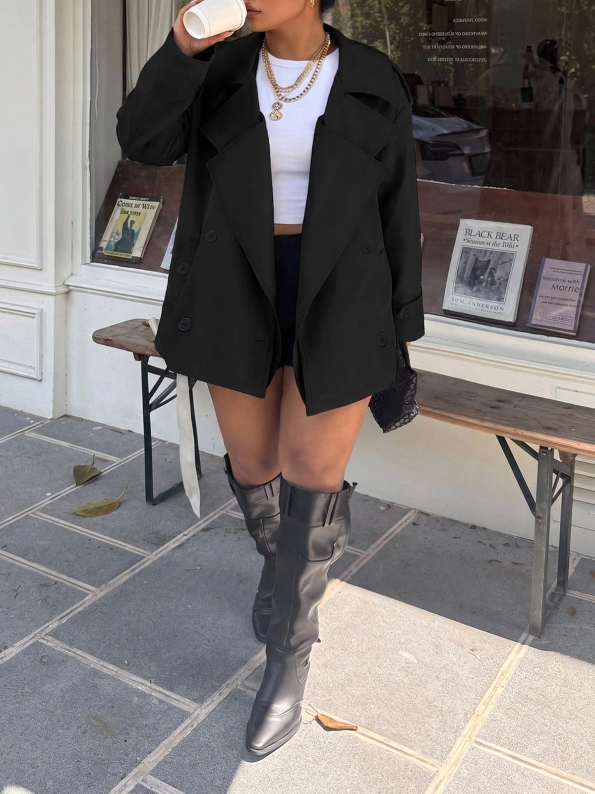 Plus Size Women Solid Color Lapel Double-Breasted Trench Coat