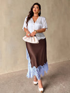 Plus Size Contrast Lace Split Thigh Satin Skirt