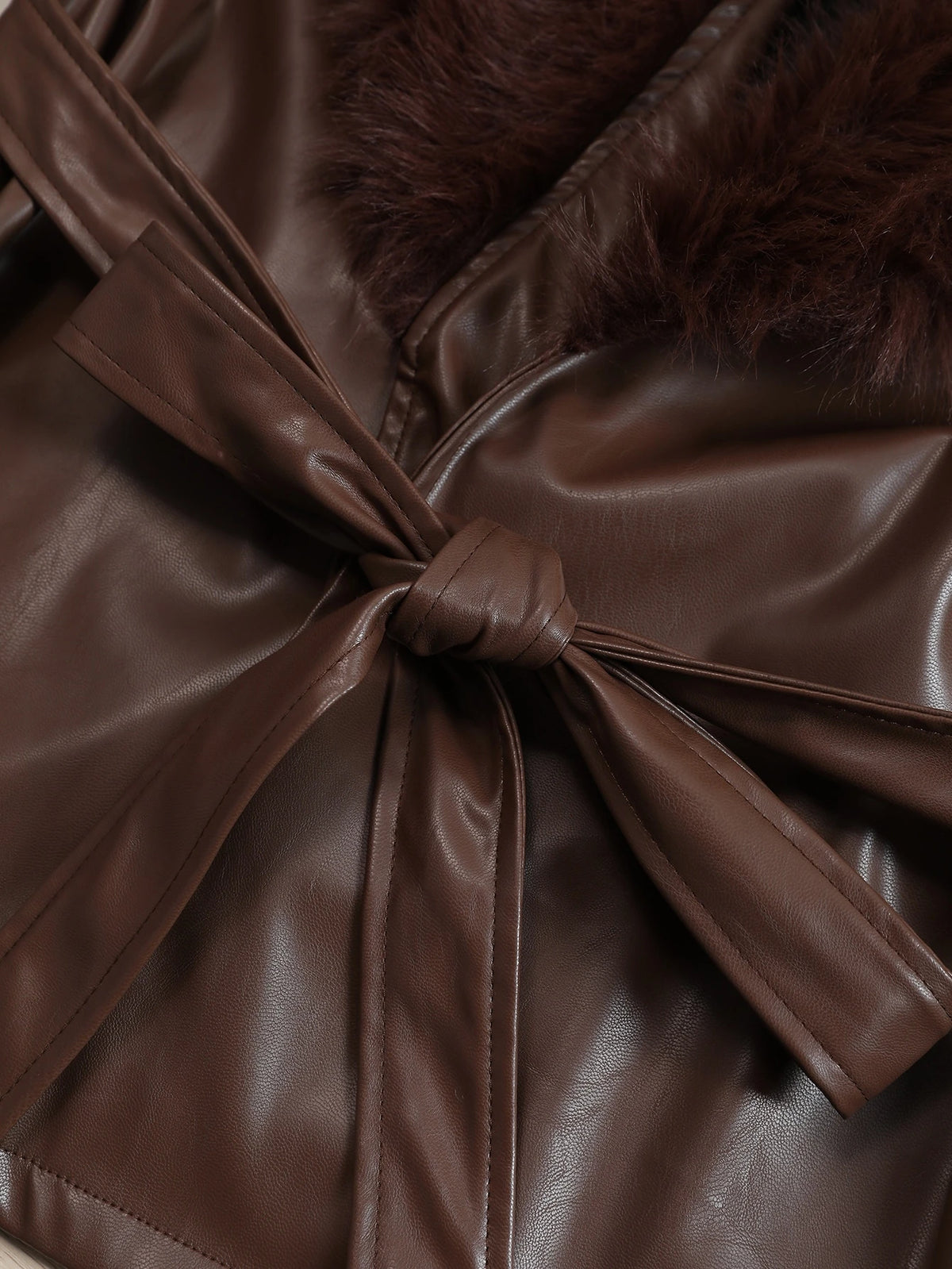 Women's Plus Size Faux Fur Collar Tie Waist Leather Jacket