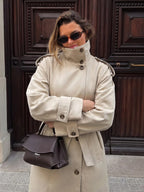 Beige High-Neck Belted Trench Coat