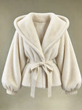 Women's Apricot Hooded Faux Fur Jacket - Apricot
