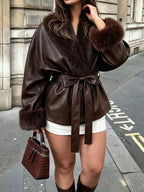 Women's Plus Size Faux Fur Collar Tie Waist Leather Jacket