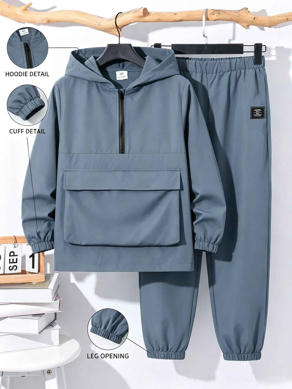 2pcs Tween Boy Half-Zip Hoodie Jacket And Jogger Pants Set