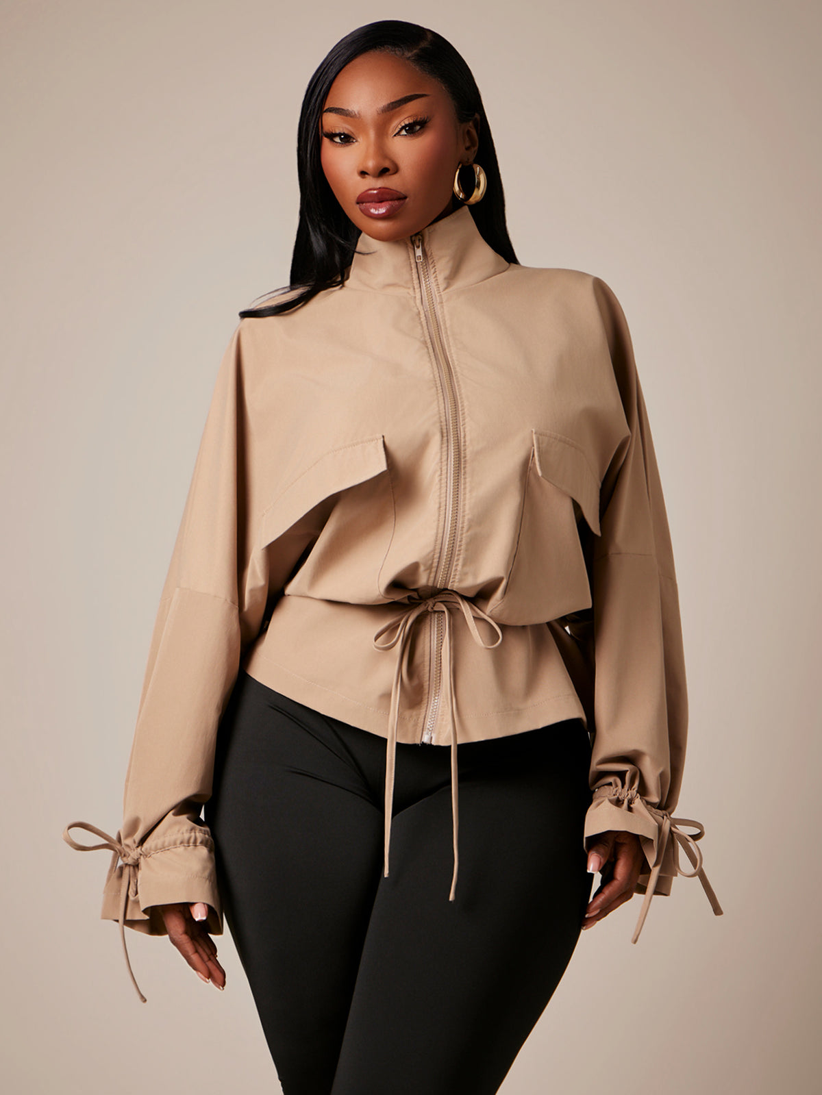 Plus Size Brown High Neck Cinched Waist Trench Coat - Khaki