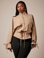 Plus Size Brown High Neck Cinched Waist Trench Coat