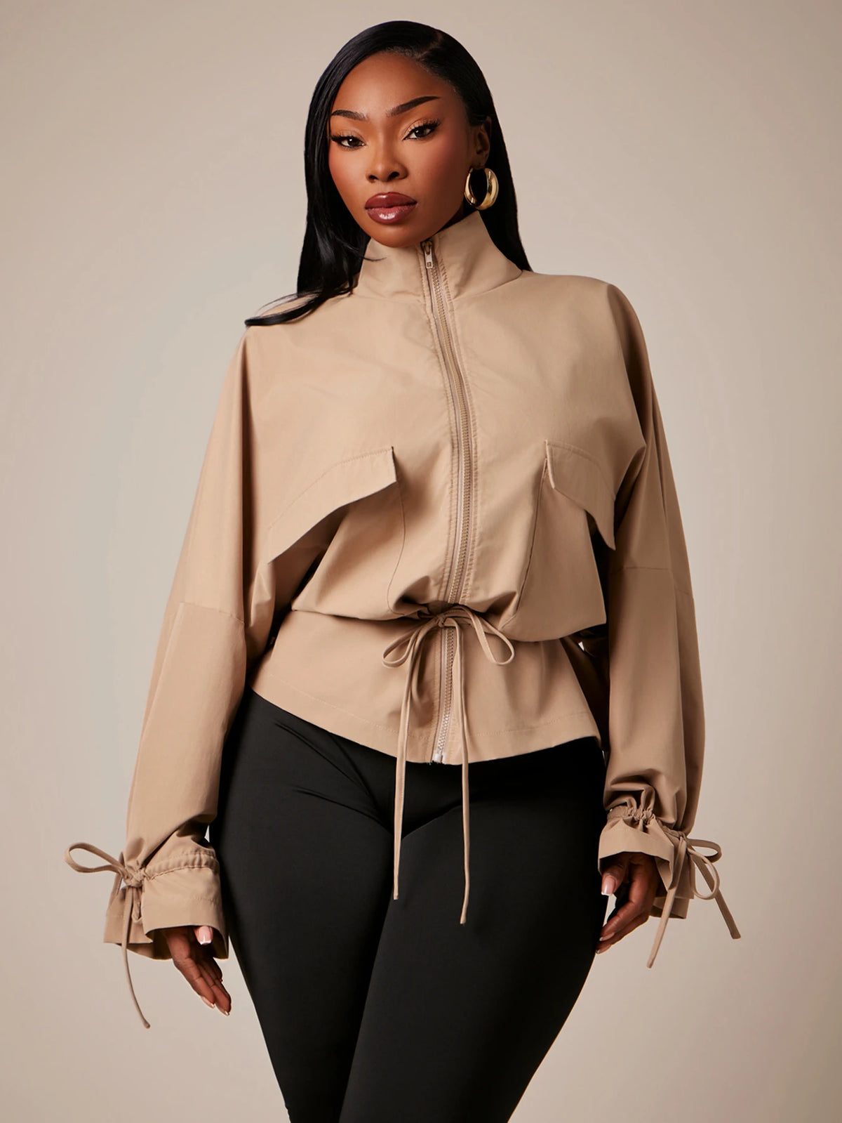 Plus Size Brown High Neck Cinched Waist Trench Coat