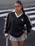 Women's Plus Size Shoulder Long Sleeve Sweatshirt Fall - Black and White