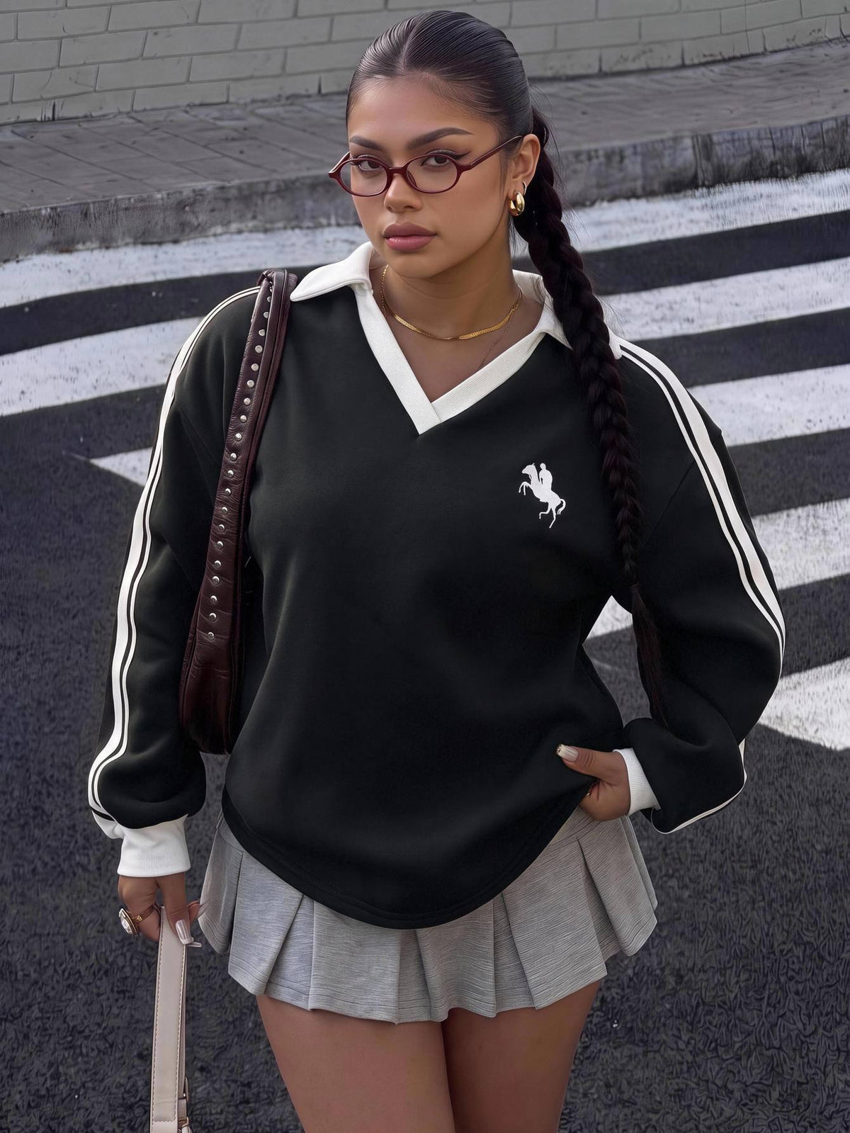 Women's Plus Size Shoulder Long Sleeve Sweatshirt Fall - Black and White