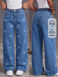 Girl Fashion Distressed Embroidered Wide Leg Jeans