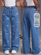 Girl Fashion Distressed Embroidered Wide Leg Jeans