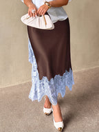 Plus Size Contrast Lace Split Thigh Satin Skirt