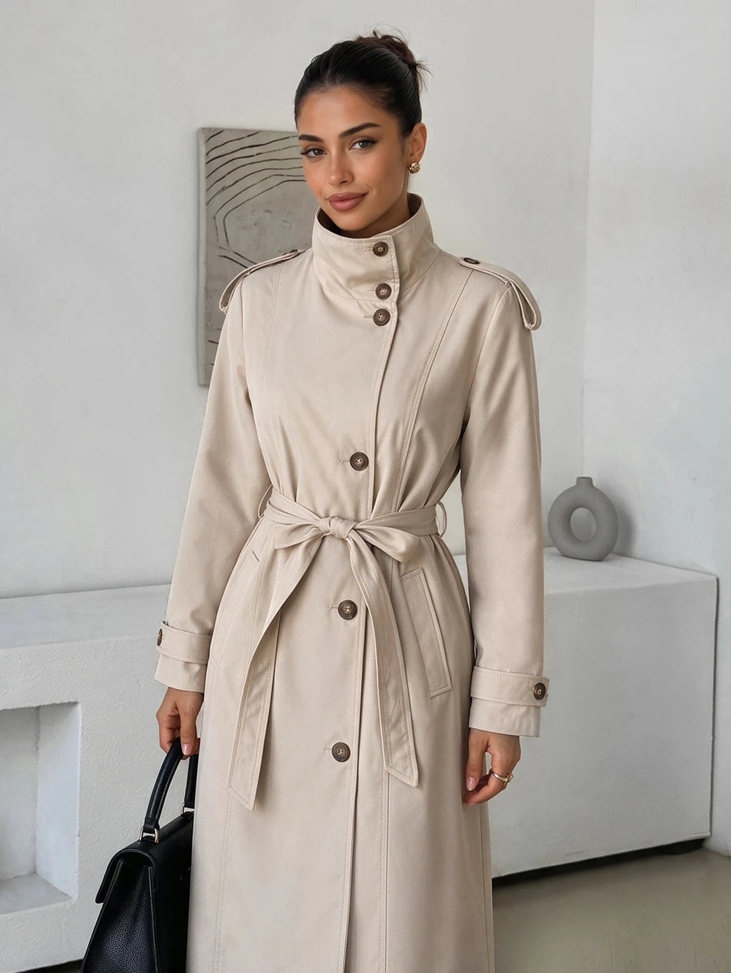 Beige High-Neck Belted Trench Coat