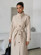 Beige High-Neck Belted Trench Coat