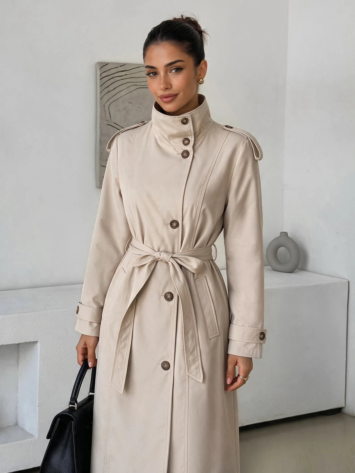 Beige High-Neck Belted Trench Coat