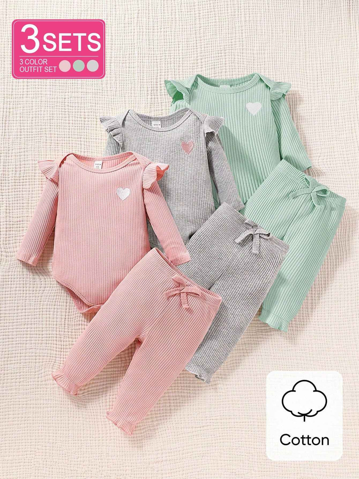 3 Sets Baby Girls Bodysuit and Pants Set