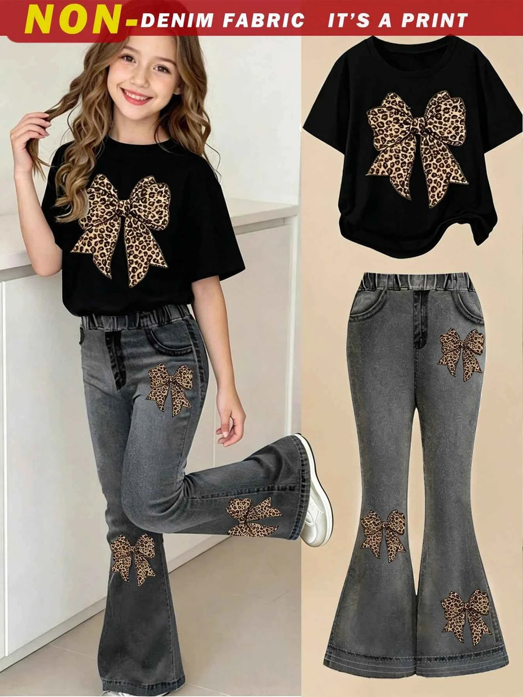 Girl Leopard Print Bow Graphic T-Shirt And Flare Pants Set