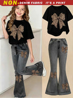 Girl Leopard Print Bow Graphic T-Shirt And Flare Pants Set