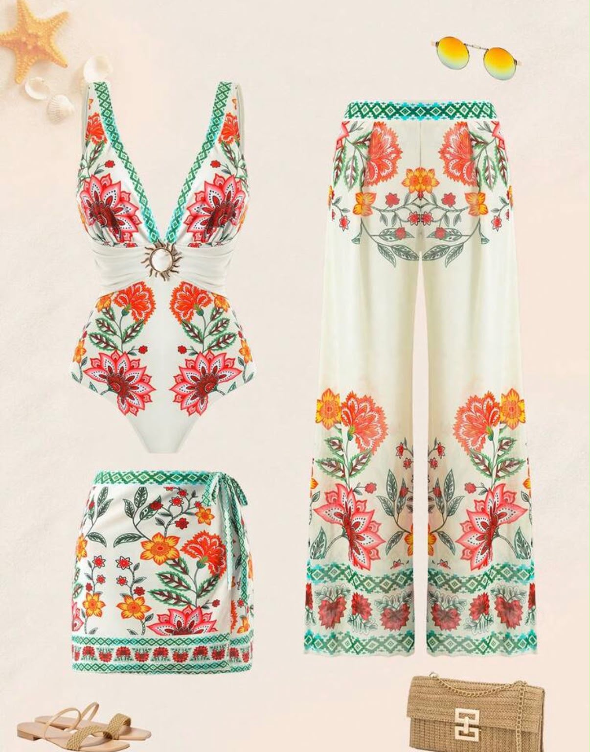 Swim 3Pcs/Set Women One-Piece Swimsuit With Skirt & Mesh Pants