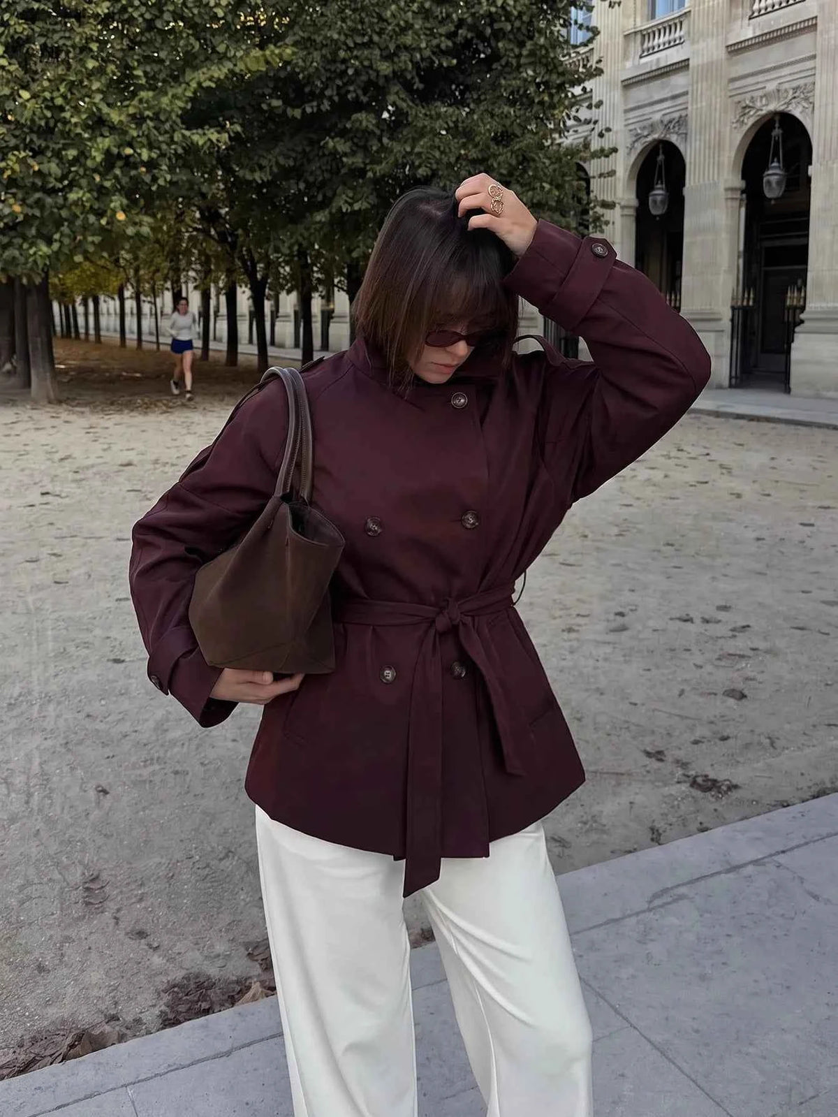 Women's Elegant Burgundy Windbreaker Trench Coat