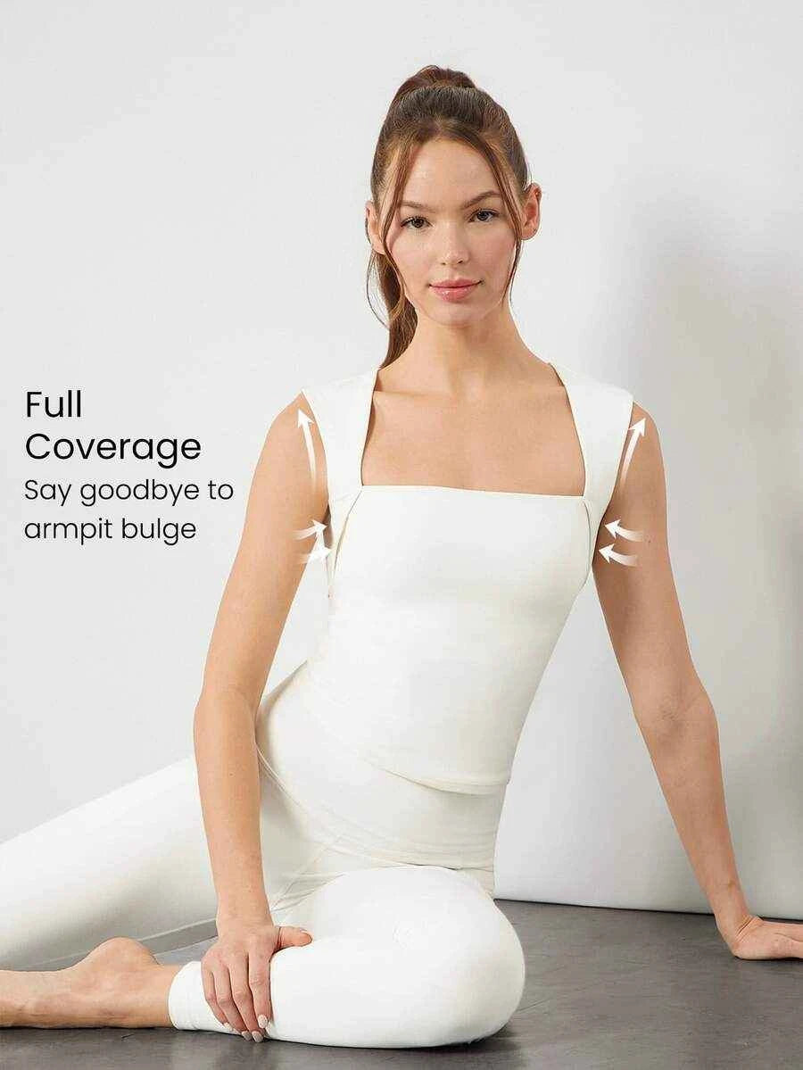GLOWMODE FeatherFit™ Haut Débardeur Basique à Encolure Carrée Longueur Hanche Entière Basse Impact Yoga Pilates Studio Quotidien avec Bonnets Amovibles Printemps Été