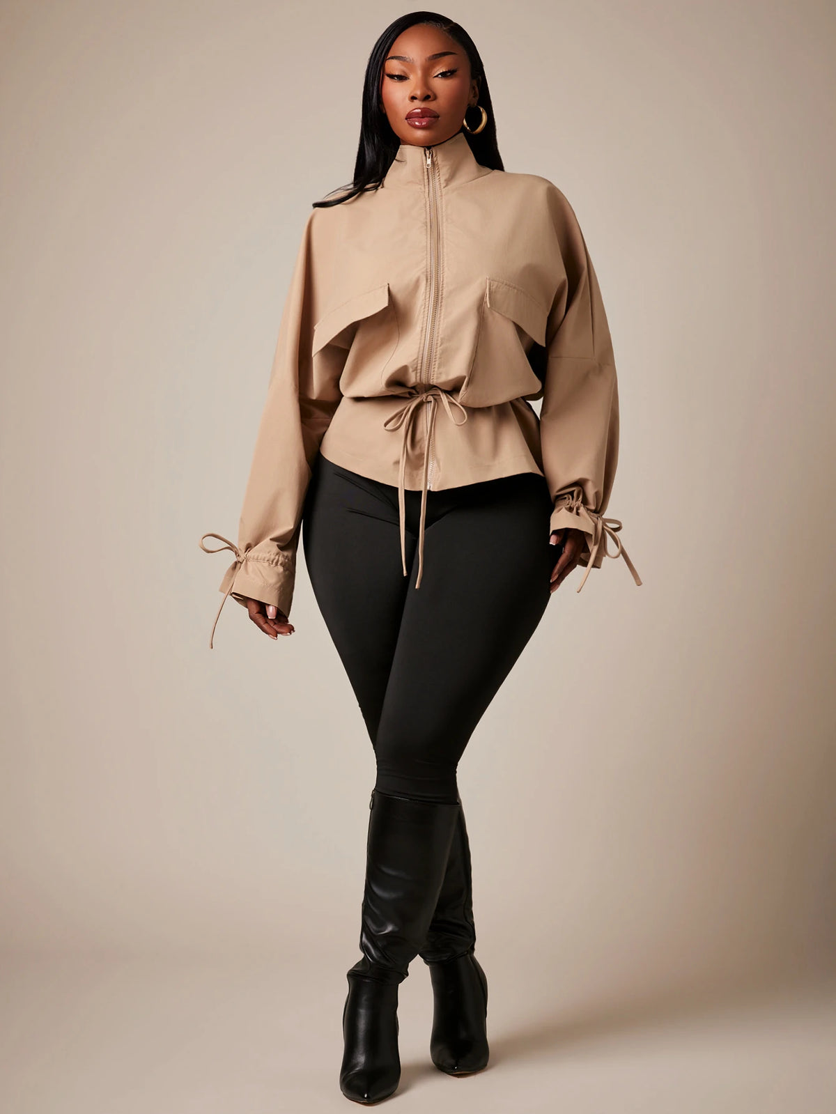 Plus Size Brown High Neck Cinched Waist Trench Coat