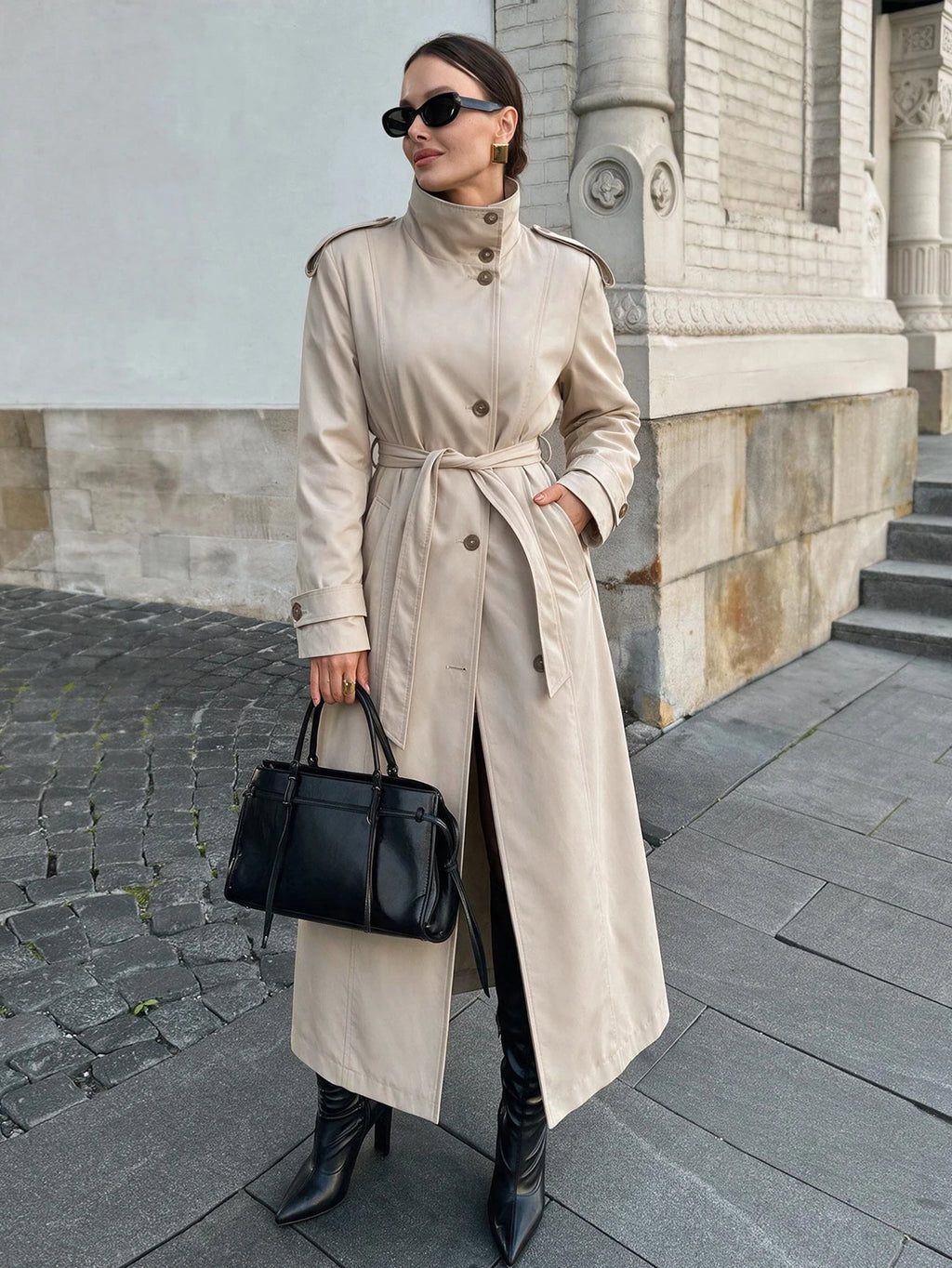 Beige High-Neck Belted Trench Coat