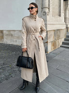 Beige High-Neck Belted Trench Coat