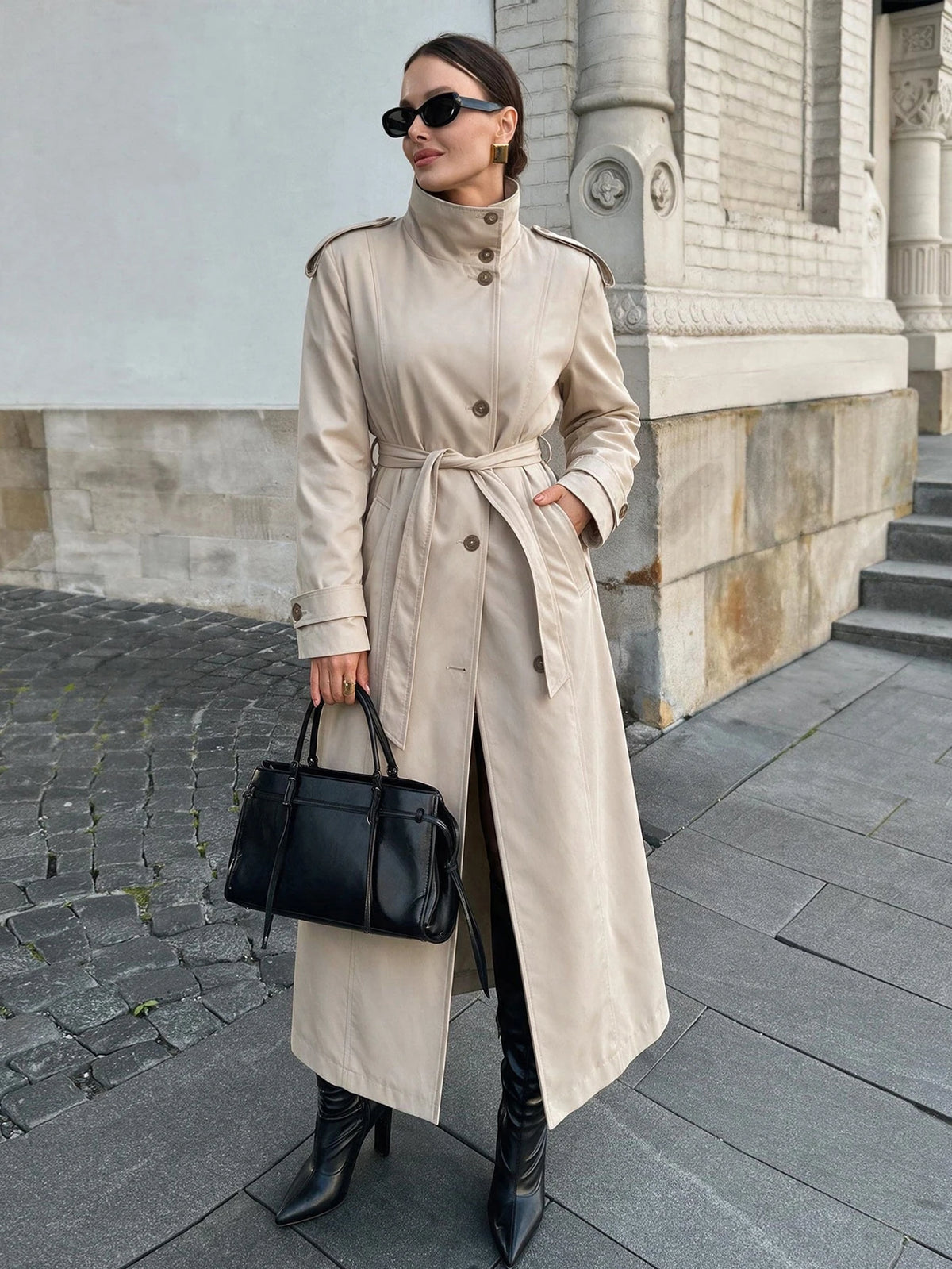 Beige High-Neck Belted Trench Coat