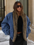 Women's Fur Collar Washed Korean Style Padded Coat Fall Jacket